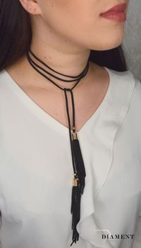 Naszyjnik choker czarny rzemyk z chwostami i złotymi dodatkami DIA-NSZ-0079-CZARNY. Ciekawy, oryginalny naszyjnik choker to dodatek idealny na lato. Choker to  (5).JPG